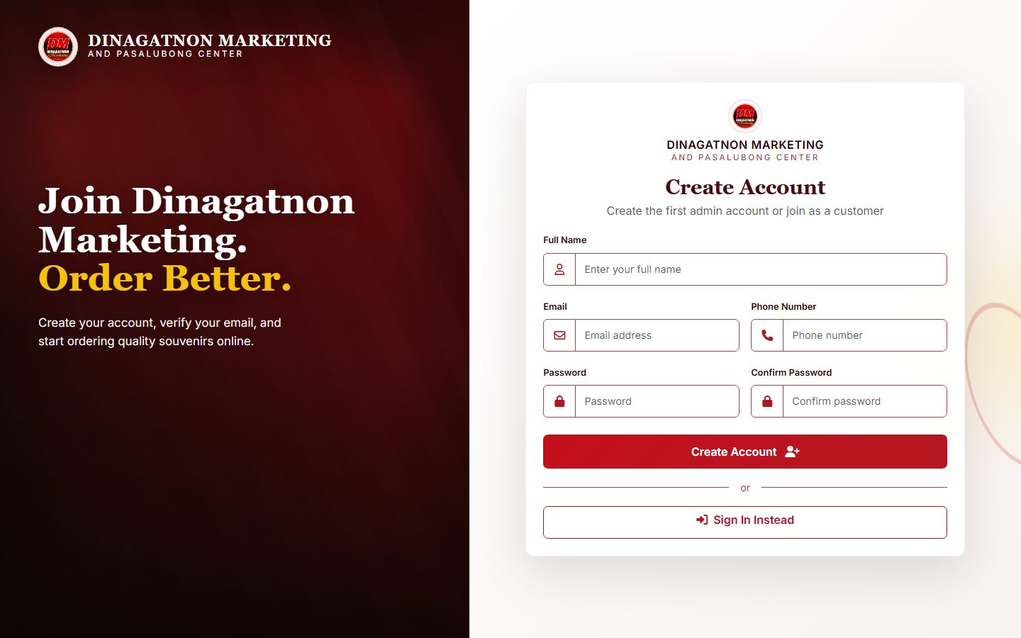 Dinagatnon Marketing and Pasalubong Center customer sign-up page: Join Dinagatnon Marketing. Order Better.