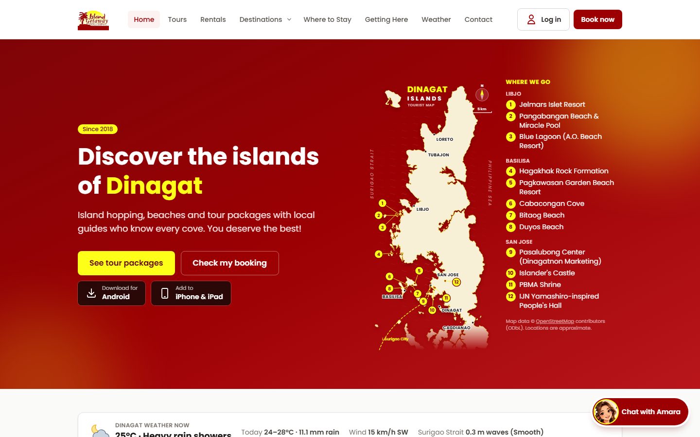 Island Getaway home page with an illustrated map of Dinagat Islands and a chat assistant