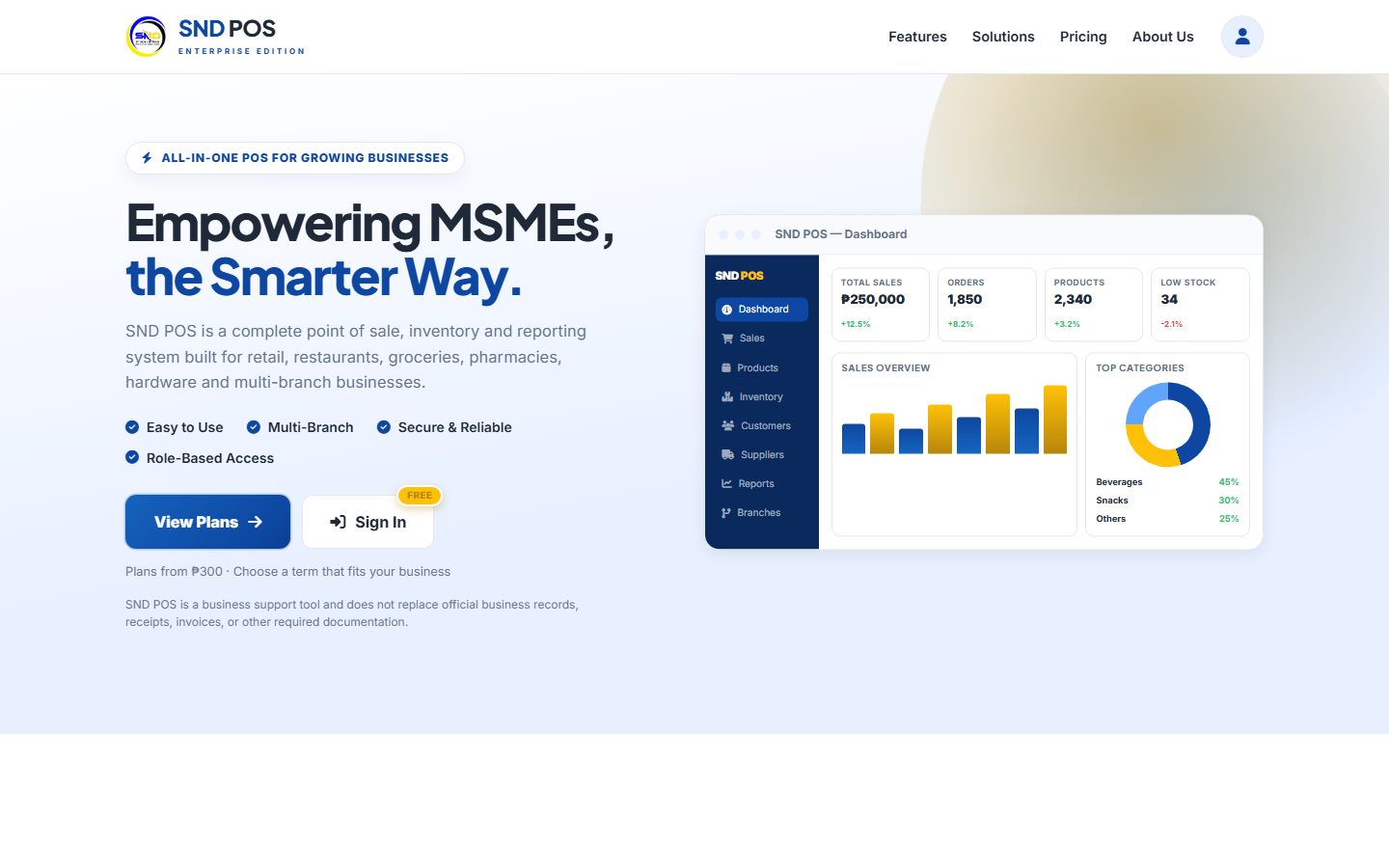 SND POS home page with a preview of the sales dashboard