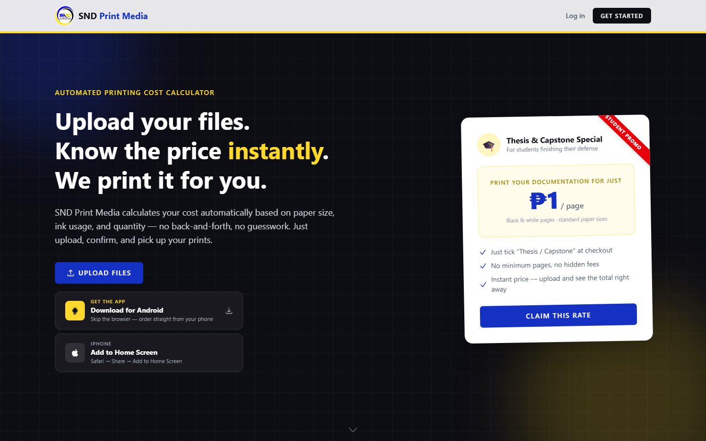 SND Print Media home page: upload your files and know the price instantly